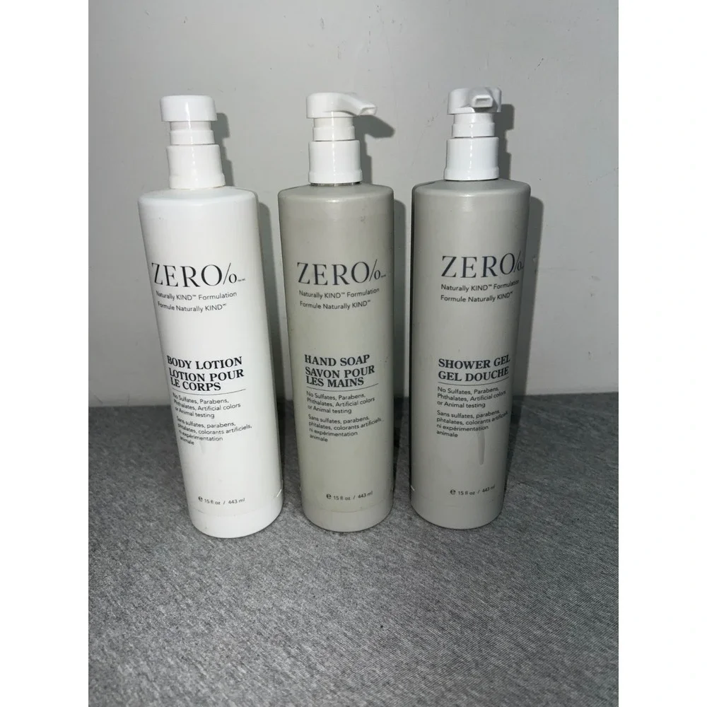 Zero% Set Of Body Lotion Hand Soap & Shower Gel 15 Fl Oz Each Naturally Kind